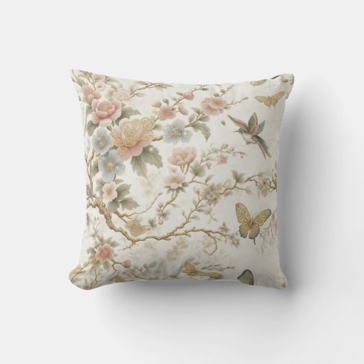 Vintage Chinese Floral Pattern with Hummingbird クッション (正面)