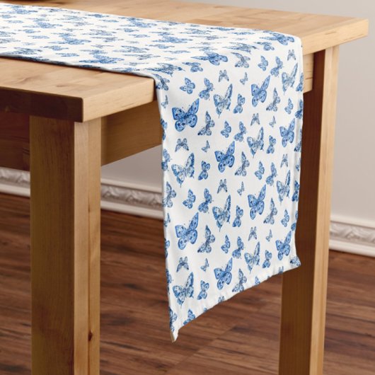 Vintage Chinoiserie Blue White Butterfly ミディアムテーブルランナー