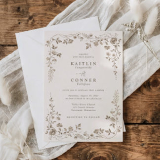 Vintage Chocolate Brown French Floral Wedding 招待状