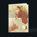 Vintage Christmas ビクトリアン Santa Claus in Chimney シーズンカード<br><div class="desc">ヴィンテージイラストレーションビクトリアンエラメリークリスマスの休日デザインは、クリスマスイブのおもちゃでいっぱいの袋で雪の上の屋根の登山の上にサンタクロースをフィーチャー。屋根の上に聖ニコライすてきルと非常に寒い冬の夕べ。</div>