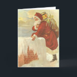 Vintage Christmas ビクトリアン Santa Claus in Chimney シーズンカード<br><div class="desc">ヴィンテージイラストレーションビクトリアンエラメリークリスマスの休日デザインは、クリスマスイブのおもちゃでいっぱいの袋で雪の上の屋根の登山の上にサンタクロースをフィーチャー。屋根の上に聖ニコライすてきルと非常に寒い冬の夕べ。</div>