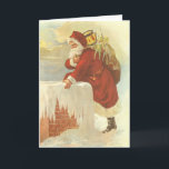 Vintage Christmas ビクトリアン Santa Claus in Chimney シーズンカード<br><div class="desc">簡単カスタマイズはクリスマスカードに自分のメッセージを追加！ヴィンテージイラストレーションビクトリアンエラメリークリスマスの休日のデザインは、クリスマスイブのおもちゃでいっぱいの袋で雪の上の屋根の登山の上にサンタクロースをフィーチャー。屋根の上に聖ニコラスとすてきとても寒い冬の夕べ。</div>