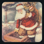 Vintage Christmas ビクトリアン Santa Claus in Chimney スクエアシール<br><div class="desc">ヴィンテージのイラストレーションビクトリアンメリークリスマスの休日の画像すてきは、クリスマス・イブに玩具の袋でいっぱいの家の煙突の下に白い髭と帽子の登山を持つ古いサンタ・クロースを特徴とする。ハッピーホリデーと季節のご挨拶！</div>
