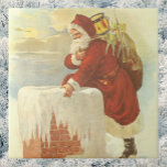Vintage Christmas ビクトリアン Santa Claus in Chimney タイル<br><div class="desc">ヴィンテージイラストレーションビクトリアンエラメリークリスマスの休日デザインは、クリスマスイブのおもちゃでいっぱいの袋で雪の上の屋根の登山の上にサンタクロースをフィーチャー。屋根の上に聖ニコライすてきルと非常に寒い冬の夕べ。</div>