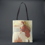 Vintage Christmas ビクトリアン Santa Claus in Chimney トートバッグ<br><div class="desc">簡単のカスタマイズトートバッグに名前を付けろ！ヴィンテージイラストレーションビクトリアンエラメリークリスマスの休日のデザインは、クリスマスイブのおもちゃでいっぱいの袋で雪の上の屋根の登山の上にサンタクロースをフィーチャー。屋根の上に聖ニコラスとすてきとても寒い冬の夕べ。</div>