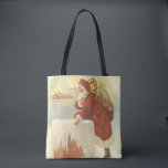 Vintage Christmas ビクトリアン Santa Claus in Chimney トートバッグ<br><div class="desc">簡単のカスタマイズトートバッグに名前を付けろ！ヴィンテージイラストレーションビクトリアンエラメリークリスマスの休日のデザインは、クリスマスイブのおもちゃでいっぱいの袋で雪の上の屋根の登山の上にサンタクロースをフィーチャー。屋根の上に聖ニコラスとすてきとても寒い冬の夕べ。</div>
