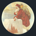 Vintage Christmas ビクトリアン Santa Claus in Chimney ラウンドシール<br><div class="desc">ヴィンテージイラストレーションビクトリアンエラメリークリスマスの休日デザインは、クリスマスイブのおもちゃでいっぱいの袋で雪の上の屋根の登山の上にサンタクロースをフィーチャー。屋根の上に聖ニコライすてきルと非常に寒い冬の夕べ。</div>