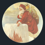 Vintage Christmas ビクトリアン Santa Claus in Chimney ラウンドシール<br><div class="desc">ヴィンテージイラストレーションビクトリアンエラメリークリスマスの休日デザインは、クリスマスイブのおもちゃでいっぱいの袋で雪の上の屋根の登山の上にサンタクロースをフィーチャー。屋根の上に聖ニコライすてきルと非常に寒い冬の夕べ。</div>