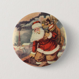 Vintage Christmas ビクトリアン Santa Claus in Chimney 缶バッジ