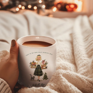 Vintage Christmas Baking Lady with Cat Monogram コーヒーマグカップ