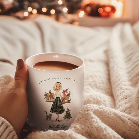 Vintage Christmas Baking Lady with Cat Monogram コーヒーマグカップ