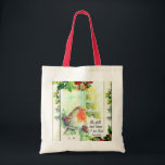 Vintage Christmas  "Be Still and Know" Bible Verse トートバッグ<br><div class="desc">Inspirational scripture Vintage Christmas design tote bag depicts a bird perched on a branch with holly leaves,  berries,  falling snow and a window with a Christmas tree inside. It features Bible Verse Psalm 46:10,  "Be still and know I am God." *</div>