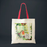 Vintage Christmas  "Be Still and Know" Bible Verse トートバッグ<br><div class="desc">Inspirational scripture Vintage Christmas design tote bag depicts a bird perched on a branch with holly leaves,  berries,  falling snow and a window with a Christmas tree inside. It features Bible Verse Psalm 46:10,  "Be still and know I am God." *</div>