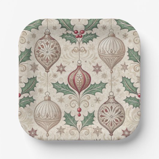 Vintage Christmas Beige Bauble ペーパープレート (正面)