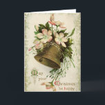 Vintage Christmas Bell (Pink Floral) Card シーズンカード<br><div class="desc">Ring in the holiday season with this beautiful gold Christmas bell vintage illustration. Pink flowers adorn the top of this ringing bell. "Noel" is engraved on the bell itself,  and the red and green greeting reads,  "May your Christmas be happy."</div>