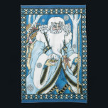 Vintage Christmas, Blue Santa Claus with Snowglobe キッチンタオル<br><div class="desc">ヴィンテージイラストレーションビクトリアンスタイルメリークリスマスの休日デザインは、森の中でサンタクロースを特集すてき。サンニコライは、片手に雪の球体を持つ青いコートを着て、もう一方の手に杖を持っている。彼のコートからつるかわいいテディベアとおもちゃの袋は彼の背中の上にクリスマスイブに配達する準備ができている。森の中の雪の白い冬のシーンは、木々と、雪の結晶が夜空から落ちている。ハッピーホリデーと季節のご挨拶！</div>