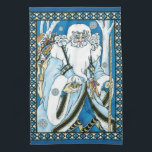 Vintage Christmas, Blue Santa Claus with Snowglobe キッチンタオル<br><div class="desc">ヴィンテージイラストレーションビクトリアンスタイルメリークリスマスの休日デザインは、森の中でサンタクロースを特集すてき。サンニコライは、片手に雪の球体を持つ青いコートを着て、もう一方の手に杖を持っている。彼のコートからつるかわいいテディベアとおもちゃの袋は彼の背中の上にクリスマスイブに配達する準備ができている。森の中の雪の白い冬のシーンは、木々と、雪の結晶が夜空から落ちている。ハッピーホリデーと季節のご挨拶！</div>