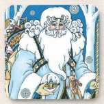 Vintage Christmas, Blue Santa Claus with Snowglobe コースター<br><div class="desc">ヴィンテージイラストレーションビクトリアンスタイルメリークリスマスの休日デザインは、森の中でサンタクロースを特集すてき。サンニコライは、片手に雪の球体を持つ青いコートを着て、もう一方の手に杖を持っている。彼のコートからつるかわいいテディベアとおもちゃの袋は彼の背中の上にクリスマスイブに配達する準備ができている。森の中の雪の白い冬のシーンは、木々と、雪の結晶が夜空から落ちている。ハッピーホリデーと季節のご挨拶！</div>
