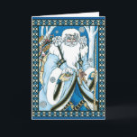 Vintage Christmas, Blue Santa Claus with Snowglobe シーズンカード<br><div class="desc">簡単カスタマイズのクリスマスカード名を追加！フォントや背景の色を変クリック更するカスタマイズこと。 ヴィンテージイラストレーションサンタ・クロースの写真は、サンニコライが雪の球体を片手に持つ青いコートに身を包み、杖を片手に持つ姿を映し出している。彼のコートかつるらぬいぐるみの袋が彼の背中の上にある。</div>