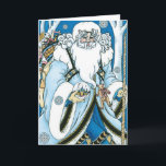 Vintage Christmas, Blue Santa Claus with Snowglobe シーズンカード<br><div class="desc">ヴィンテージイラストレーションビクトリアンスタイルメリークリスマスの休日デザインは、森の中でサンタクロースを特集すてき。サンニコライは、片手に雪の球体を持つ青いコートを着て、もう一方の手に杖を持っている。彼のコートからつるかわいいテディベアとおもちゃの袋は彼の背中の上にクリスマスイブに配達する準備ができている。森の中の雪の白い冬のシーンは、木々と、雪の結晶が夜空から落ちている。ハッピーホリデーと季節のご挨拶！</div>