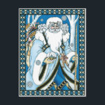Vintage Christmas, Blue Santa Claus with Snowglobe シーズンポストカード<br><div class="desc">ヴィンテージイラストレーションビクトリアンスタイルメリークリスマスの休日デザインは、森の中でサンタクロースを特集すてき。サンニコライは、片手に雪の球体を持つ青いコートを着て、もう一方の手に杖を持っている。彼のコートからつるかわいいテディベアとおもちゃの袋は彼の背中の上にクリスマスイブに配達する準備ができている。森の中の雪の白い冬のシーンは、木々と、雪の結晶が夜空から落ちている。ハッピーホリデーと季節のご挨拶！</div>