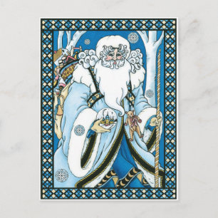 Vintage Christmas, Blue Santa Claus with Snowglobe シーズンポストカード