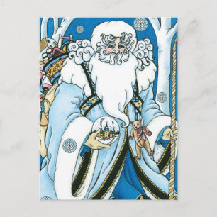 Vintage Christmas, Blue Santa Claus with Snowglobe シーズンポストカード
