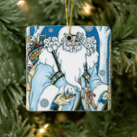 Vintage Christmas, Blue Santa Claus with Snowglobe セラミックオーナメント<br><div class="desc">ヴィンテージイラストレーションビクトリアンスタイルメリークリスマスの休日デザインは、森の中でサンタクロースを特集すてき。サンニコライは、片手に雪の球体を持つ青いコートを着て、もう一方の手に杖を持っている。彼のコートからつるかわいいテディベアとおもちゃの袋は彼の背中の上にクリスマスイブに配達する準備ができている。森の中の雪の白い冬のシーンは、木々と、雪の結晶が夜空から落ちている。ハッピーホリデーと季節のご挨拶！</div>