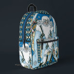 Vintage Christmas, Blue Santa Claus with Snowglobe プリントバックパック<br><div class="desc">ヴィンテージイラストレーションビクトリアンスタイルメリークリスマスの休日デザインは、森の中でサンタクロースを特集すてき。サンニコライは、片手に雪の球体を持つ青いコートを着て、もう一方の手に杖を持っている。彼のコートからつるかわいいテディベアとおもちゃの袋は彼の背中の上にクリスマスイブに配達する準備ができている。森の中の雪の白い冬のシーンは、木々と、雪の結晶が夜空から落ちている。ハッピーホリデーと季節のご挨拶！</div>