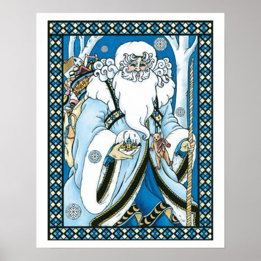 Vintage Christmas, Blue Santa Claus with Snowglobe ポスター (正面)