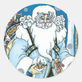Vintage Christmas, Blue Santa Claus with Snowglobe ラウンドシール (正面)