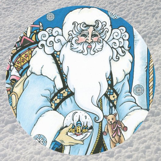 Vintage Christmas, Blue Santa Claus with Snowglobe ラウンドシール
