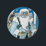Vintage Christmas, Blue Santa Claus with Snowglobe 缶バッジ<br><div class="desc">Vintage illustration Victorian style Merry Christmas holiday design featuring a jolly Santa Claus in the forest. Saint Nicholas is dressed in a blue coat holding a snow globe in one hand, and a cane in the other. A cute teddy bear hangs from his coat and a sack of toys is...</div>