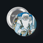 Vintage Christmas, Blue Santa Claus with Snowglobe 缶バッジ<br><div class="desc">Vintage illustration Victorian style Merry Christmas holiday design featuring a jolly Santa Claus in the forest. Saint Nicholas is dressed in a blue coat holding a snow globe in one hand, and a cane in the other. A cute teddy bear hangs from his coat and a sack of toys is...</div>
