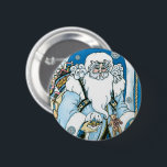 Vintage Christmas, Blue Santa Claus with Snowglobe 缶バッジ<br><div class="desc">Vintage illustration Victorian style Merry Christmas holiday design featuring a jolly Santa Claus in the forest. Saint Nicholas is dressed in a blue coat holding a snow globe in one hand, and a cane in the other. A cute teddy bear hangs from his coat and a sack of toys is...</div>