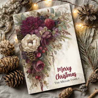 Vintage Christmas Burgundy Floral Personalized  シーズンカード
