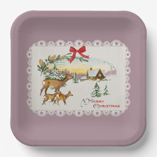 Vintage Christmas Cabin & Deer ペーパープレート (正面)