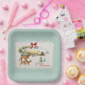Vintage Christmas Cabin & Deer ペーパープレート (パーティー)