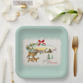 Vintage Christmas Cabin & Deer ペーパープレート