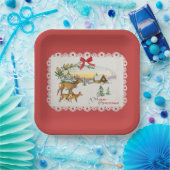Vintage Christmas Cabin & Deer ペーパープレート (パーティー)
