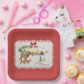 Vintage Christmas Cabin & Deer ペーパープレート (パーティー)