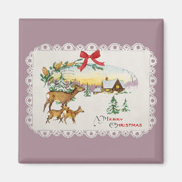 Vintage Christmas Cabin & Deer マグネット