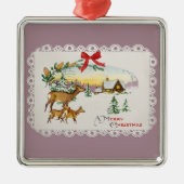 Vintage Christmas Cabin & Deer メタルオーナメント (正面)