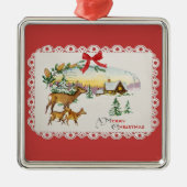 Vintage Christmas Cabin & Deer メタルオーナメント (正面)