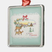 Vintage Christmas Cabin & Deer メタルオーナメント (左)
