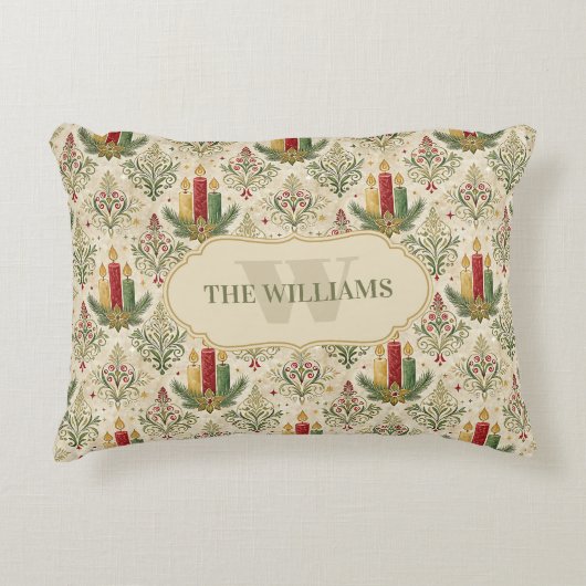 Vintage Christmas Candle Damask Pattern アクセントクッション (正面)