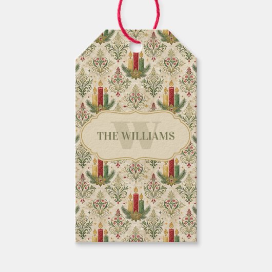 Vintage Christmas Candle Damask Pattern Custom ギフトタグ (正面)
