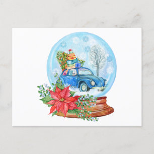 Vintage Christmas Car, Poinsettia Snow Globe ポストカード