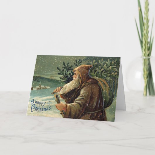 Vintage Christmas Card, Santa Claus and Tree カード (正面)