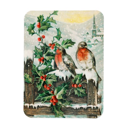 Vintage Christmas Card with Robins, Holly, Church マグネット (縦)